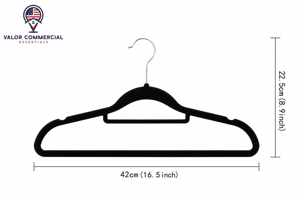 Velvet hanger dimensions: 42 cm (16.5 in) wide, 22.5 cm (8.9 in) tall