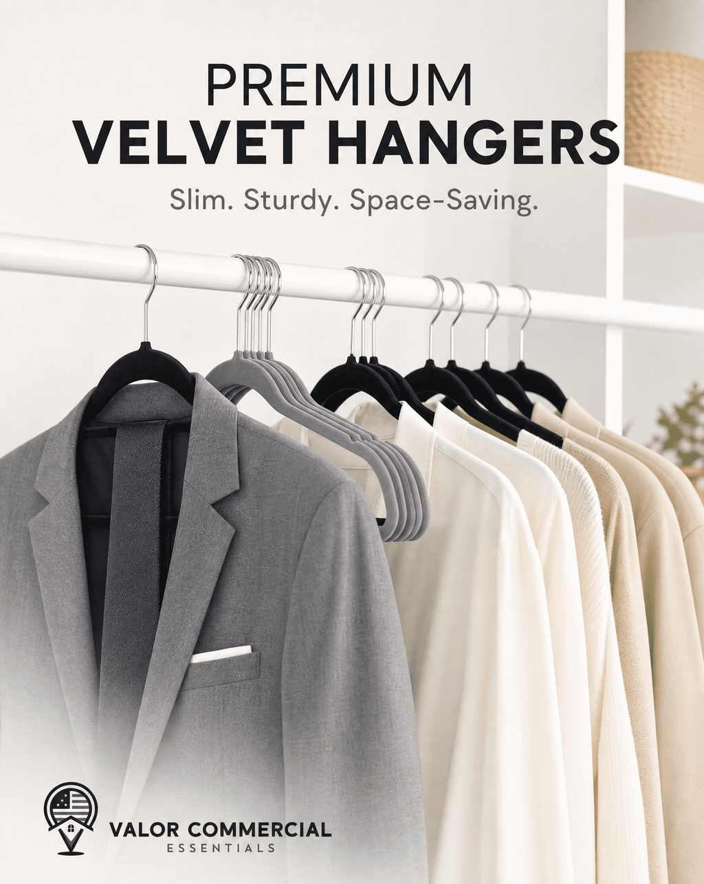 Premium velvet hangers in a closet