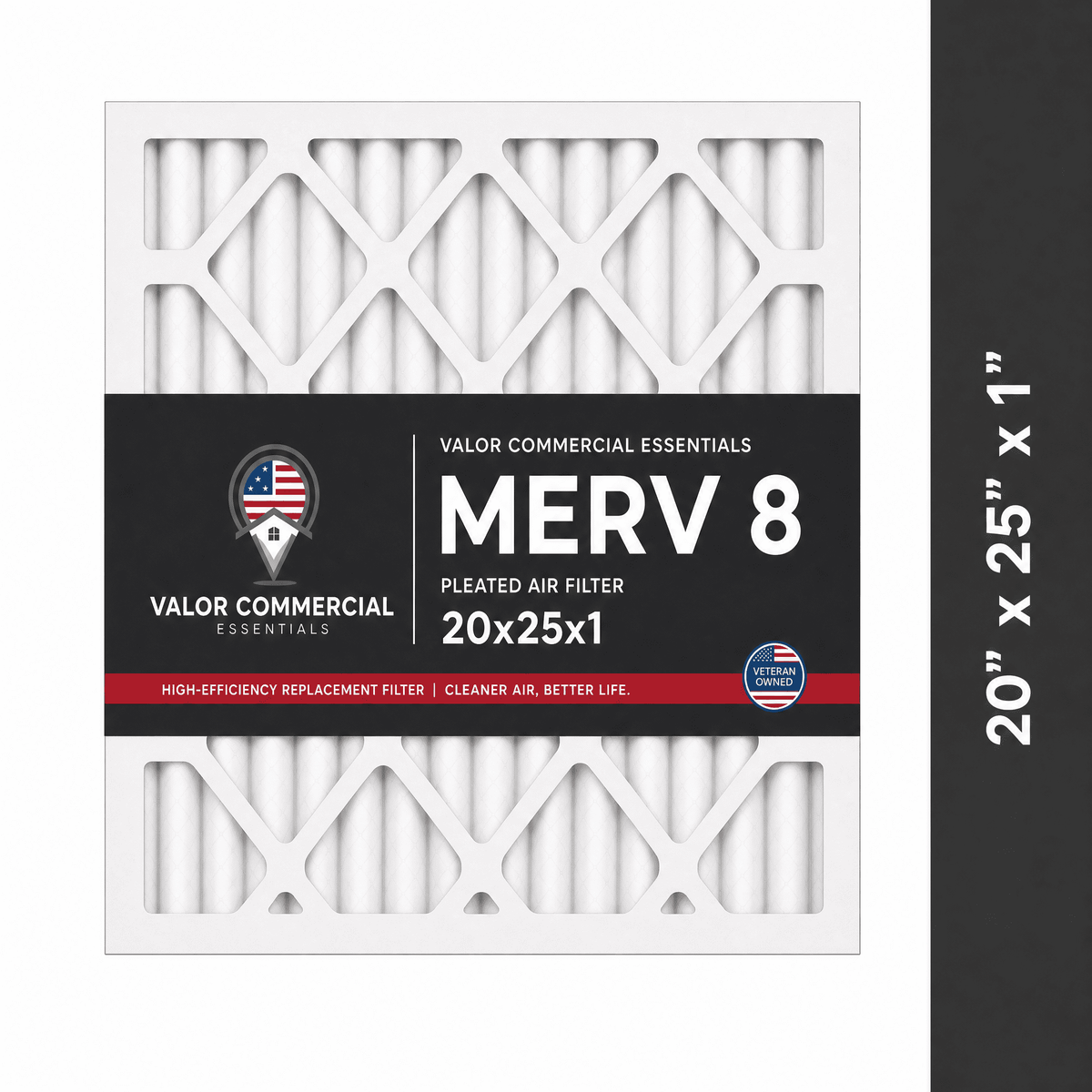 Valor Commercial Essentials MERV 8 pleated air filter, 20 x 25 x 1