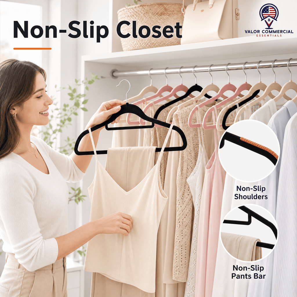 Non-slip shoulders and pants bar on the velvet hangers