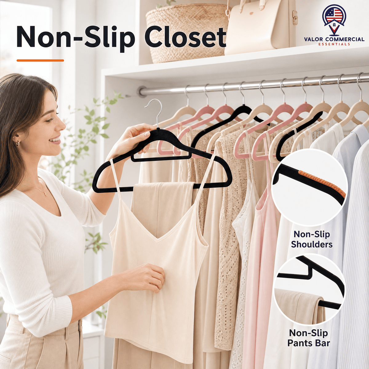 Non-slip shoulders and pants bar on the velvet hangers